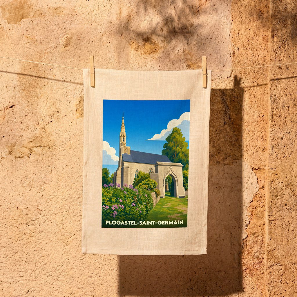 Torchon souvenir de la ville de Plogastel-Saint-Germain illustrant son église et son enclos paroissial dans un style rétro.