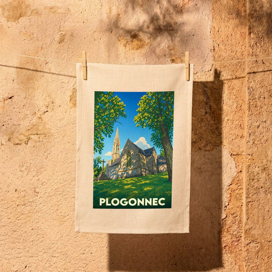 Torchon souvenir de la ville de Plogonnec illustrant son église dans un style graphique et coloré.