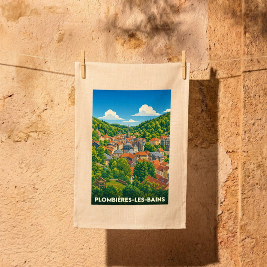 Torchon souvenir de la ville de Plombières-les-Bains avec une illustration stylisée d'un paysage urbain niché dans une vallée verdoyante.