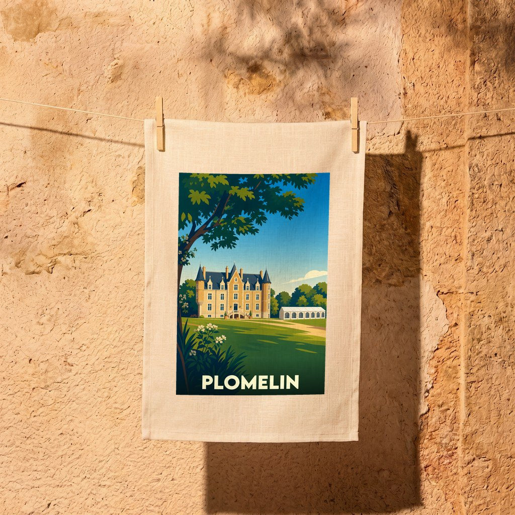Torchon souvenir de la ville de Plomelin avec une illustration stylisée d'un château.
