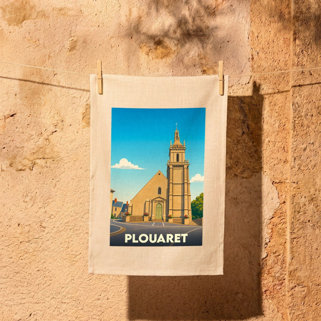 Torchon souvenir de la ville de Plouaret avec une illustration stylisée de son église.