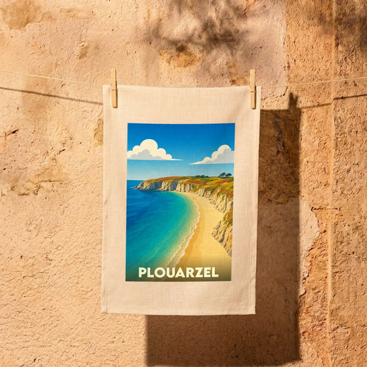 Torchon souvenir de la ville de Plouarzel avec une illustration stylisée de sa côte littorale.