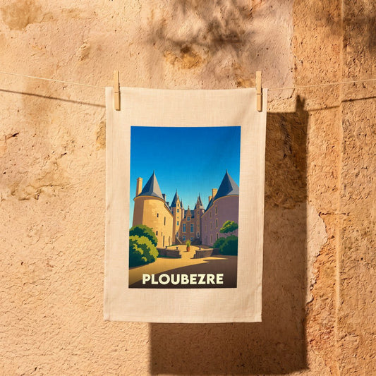 Torchon souvenir de la ville de Ploubezre avec une illustration stylisée de château.