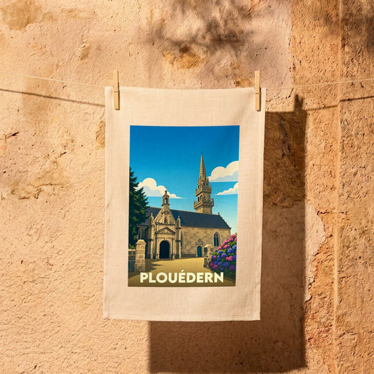Torchon souvenir de la ville de Plouédern avec une illustration stylisée d'une église bretonne.