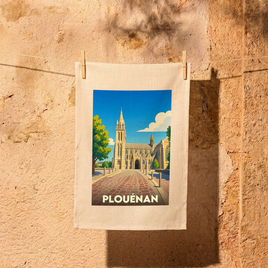 Torchon souvenir de la ville de Plouénan avec une illustration stylisée de son église et de ses rues pavées.