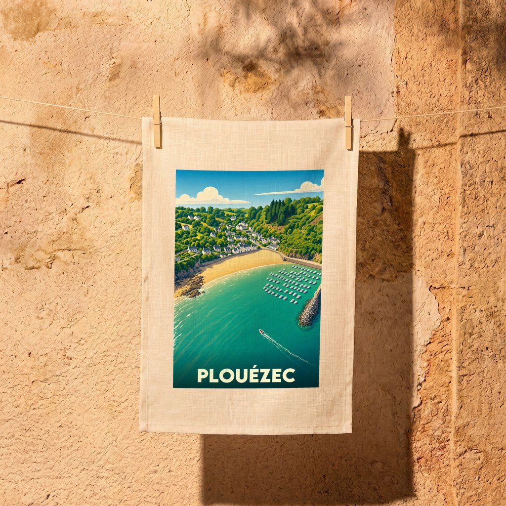 Torchon souvenir de la ville de Plouézec avec une illustration stylisée de sa côte.