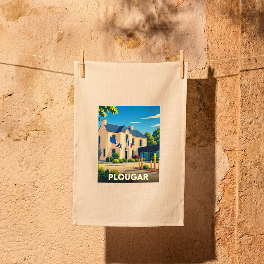 Torchon souvenir de la ville de Plougar avec une illustration stylisée.
