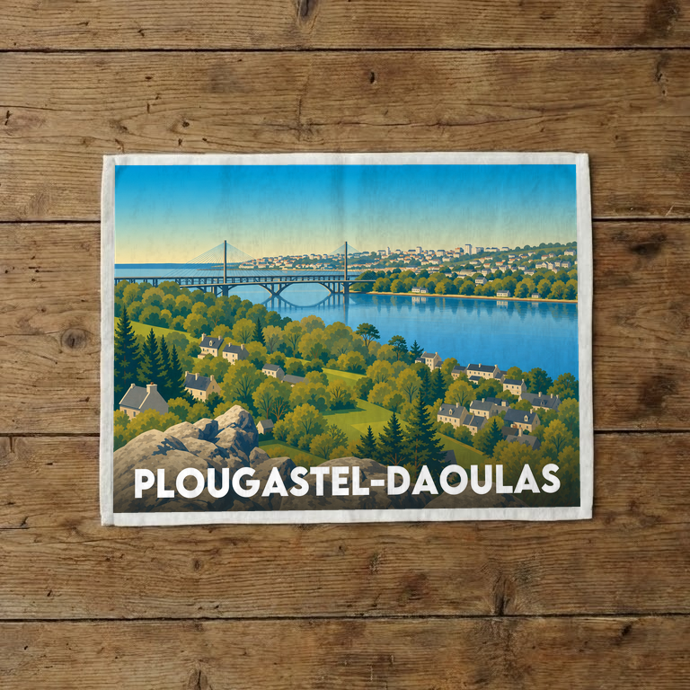 Torchon souvenir de la ville de Plougastel-Daoulas avec une illustration stylisée du paysage et du pont.