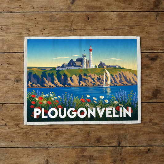 Torchon souvenir de la ville de Plougonvelin avec une illustration stylisée de son paysage côtier.