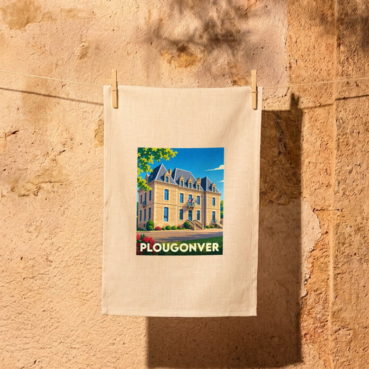 Torchon souvenir de la ville de Plougonver avec une illustration stylisée d'un manoir breton.