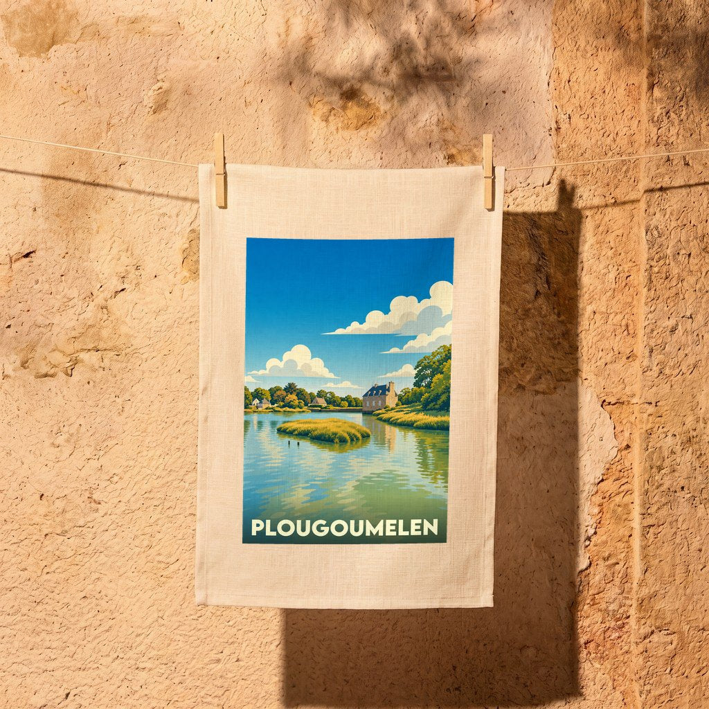Torchon souvenir de la ville de Plougoumelen avec une illustration stylisée d'un paysage côtier.