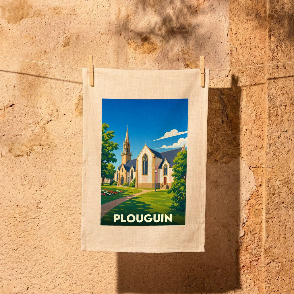 Torchon souvenir de la ville de Plouguin avec une illustration stylisée de son église.