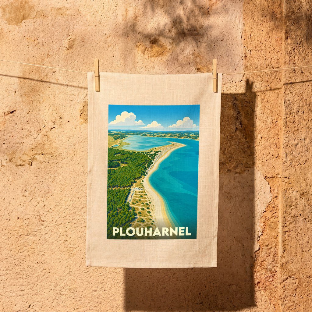 Torchon souvenir de la ville de Plouharnel illustré d'une vue aérienne stylisée du littoral.