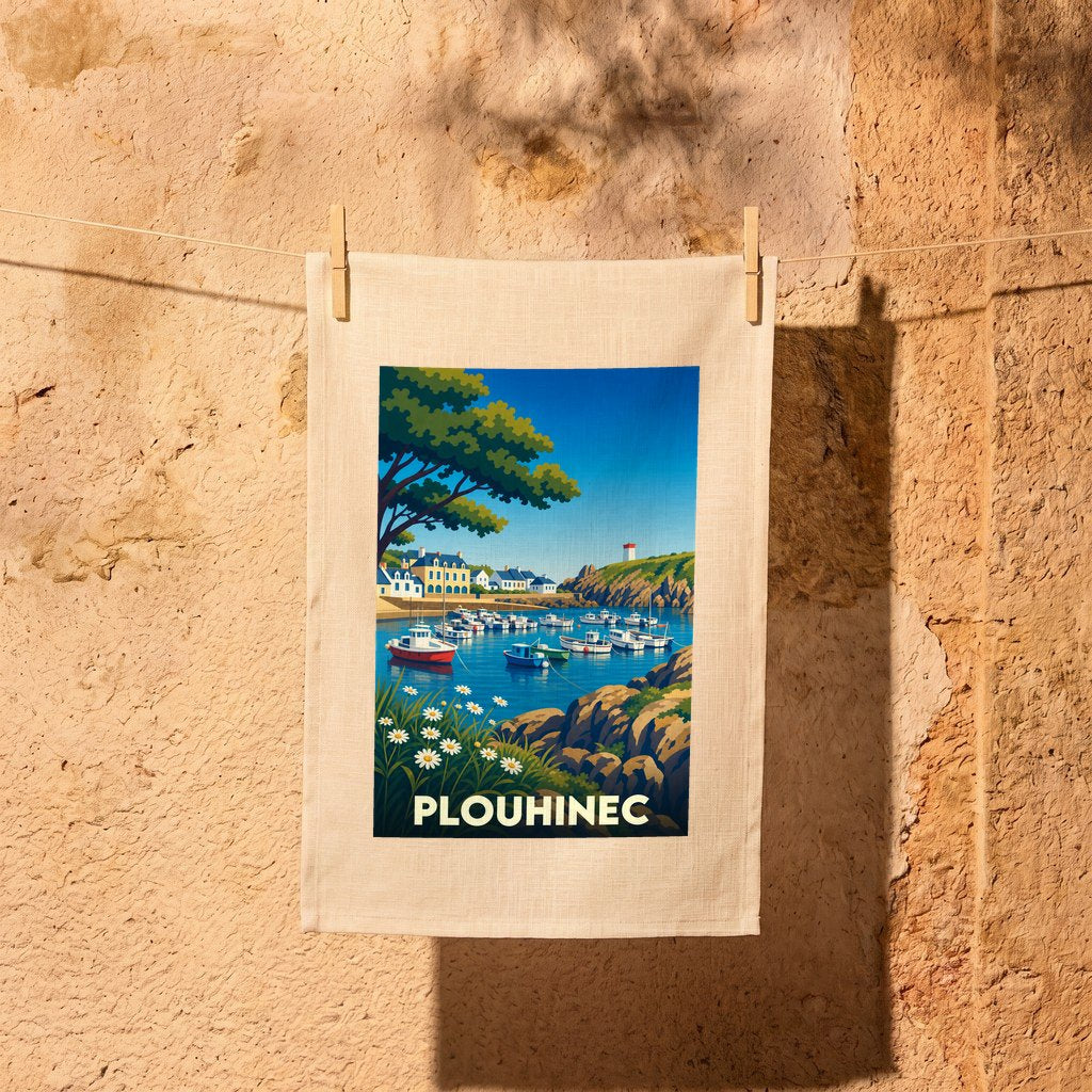 Torchon souvenir de la ville de Plouhinec illustré d'un port de plaisance stylisé.