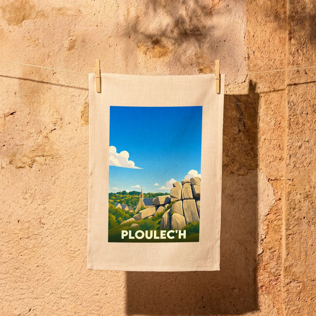Torchon souvenir de la ville de Ploulec'h avec une illustration stylisée de son paysage côtier.