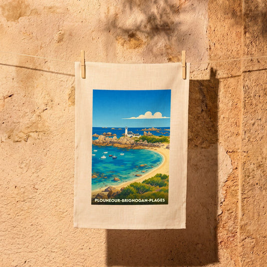 Torchon souvenir de la ville de Plounéour-Brignogan-Plages avec une illustration stylisée de sa côte et de son phare.