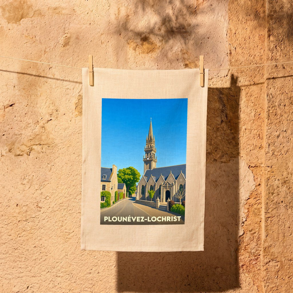 Torchon souvenir de Plounévez-Lochrist illustré d'une église bretonne stylisée sous un ciel bleu.