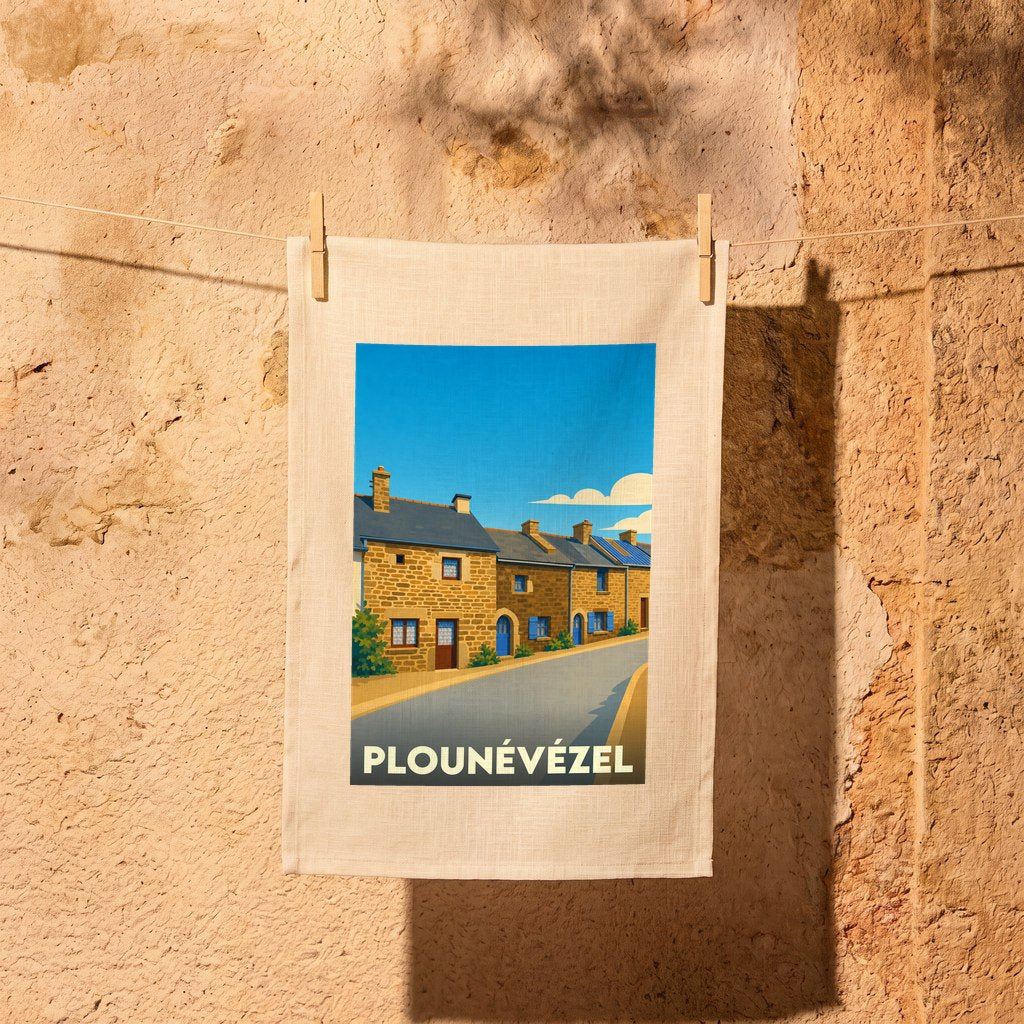 Torchon souvenir de la ville de Plounévézel orné d'une illustration stylisée de maisons bretonnes en pierre.