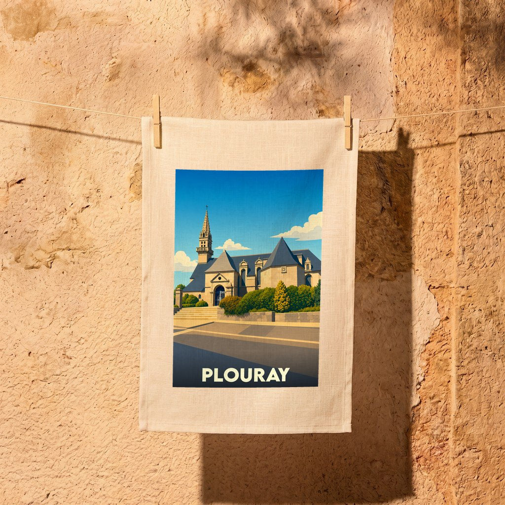 Torchon souvenir de la ville de Plouray avec une illustration stylisée.