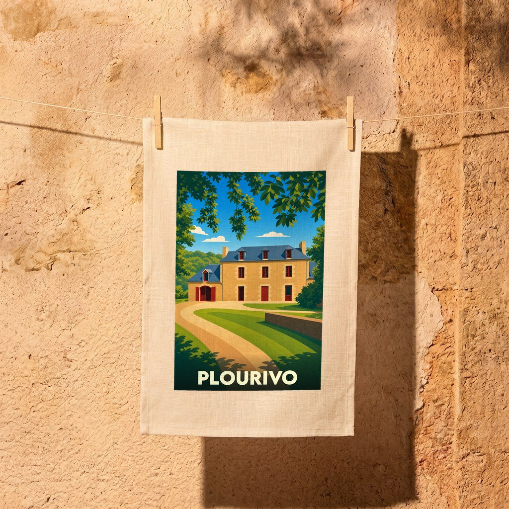 Torchon souvenir de la ville de Plourivo avec une illustration stylisée d'un manoir breton.