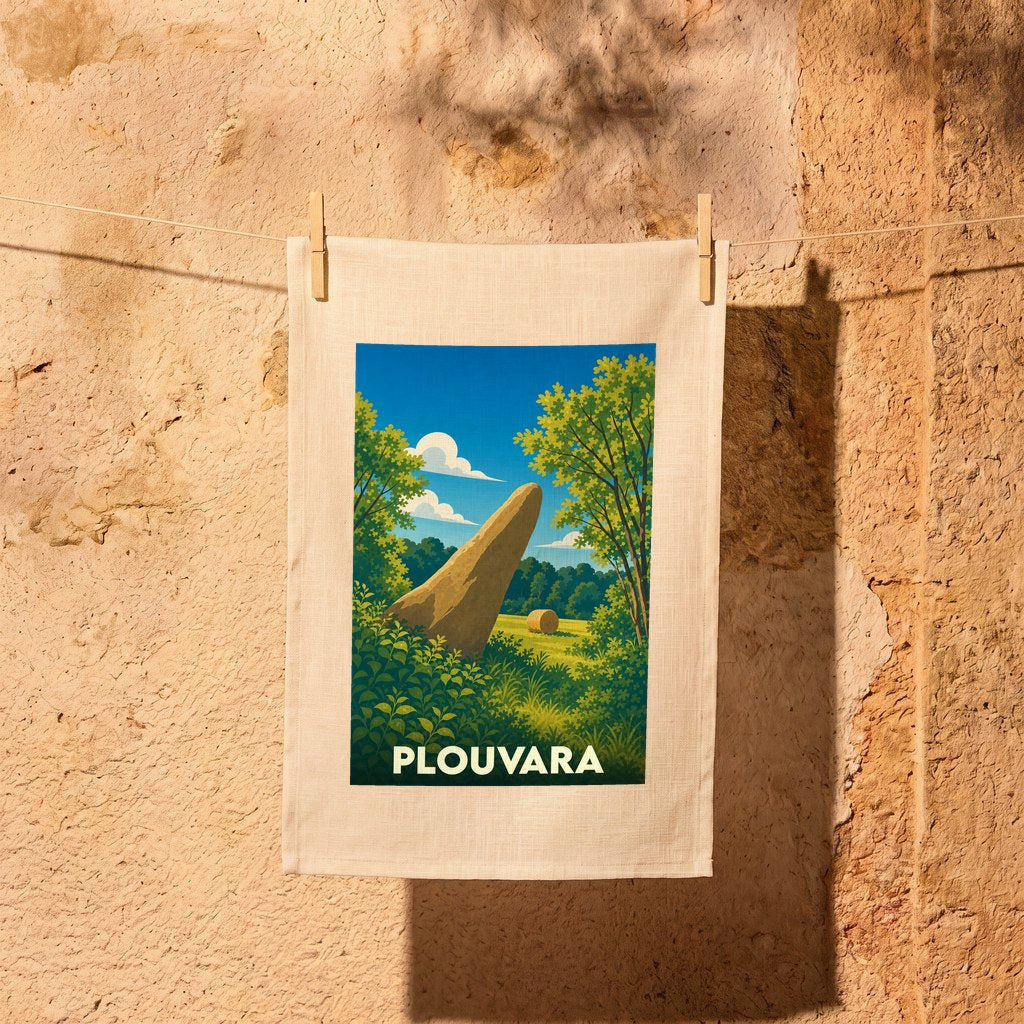 Torchon souvenir de la ville de Plouvara avec une illustration stylisée d'un menhir dans un paysage champêtre.
