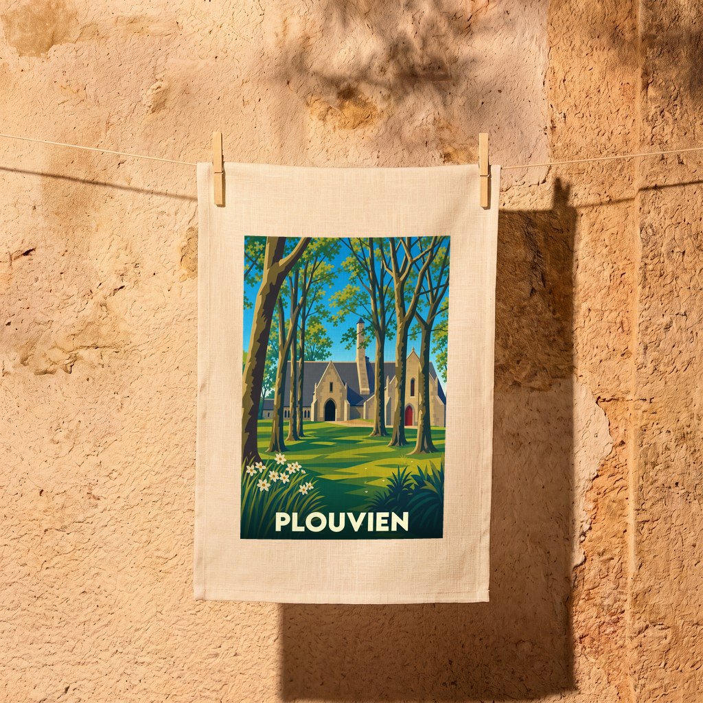 Torchon souvenir de la ville de Plouvien avec une illustration stylisée d'un manoir entouré d'arbres.