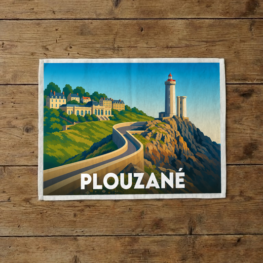 Torchon souvenir de la ville de Plouzané avec une illustration stylisée de son phare et de son littoral.