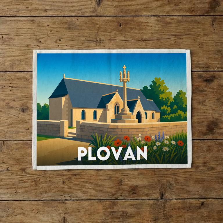 Torchon souvenir de la ville de Plovan avec une illustration stylisée de son église et de son calvaire.