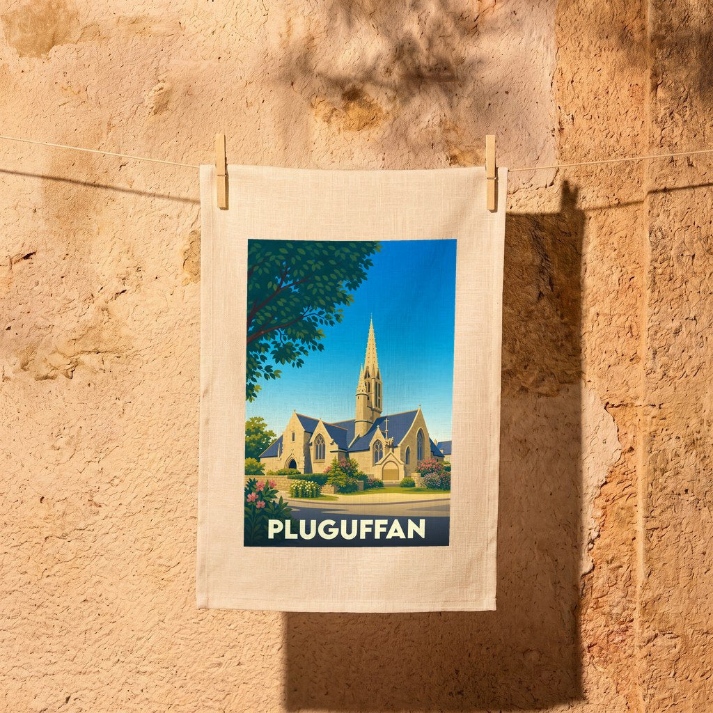 Torchon souvenir de la ville de Pluguffan avec une illustration stylisée de son église.