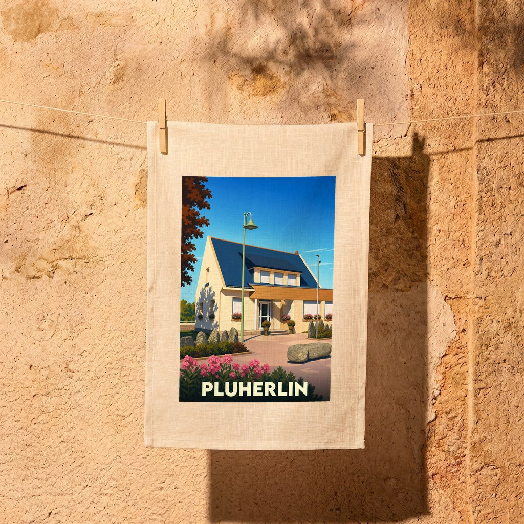 Torchon souvenir de la ville de Pluherlin avec une illustration stylisée d'une maison bretonne.