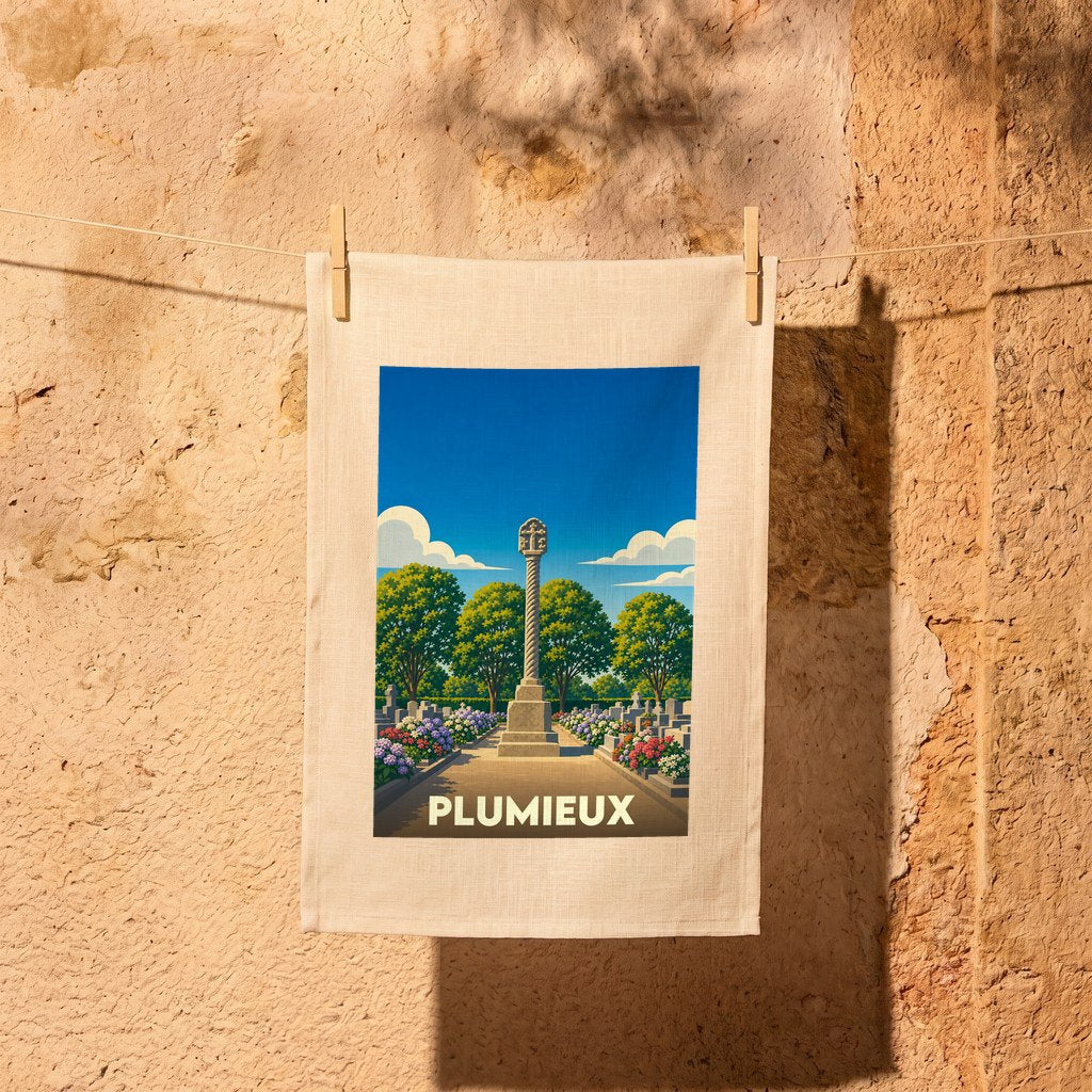 Torchon souvenir de la ville de Plumieux avec une illustration stylisée d'un calvaire breton.