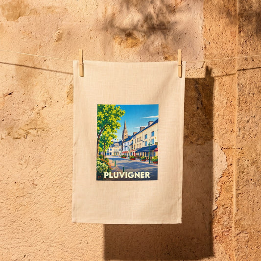 Torchon souvenir de la ville de Pluvigner avec une illustration stylisée.