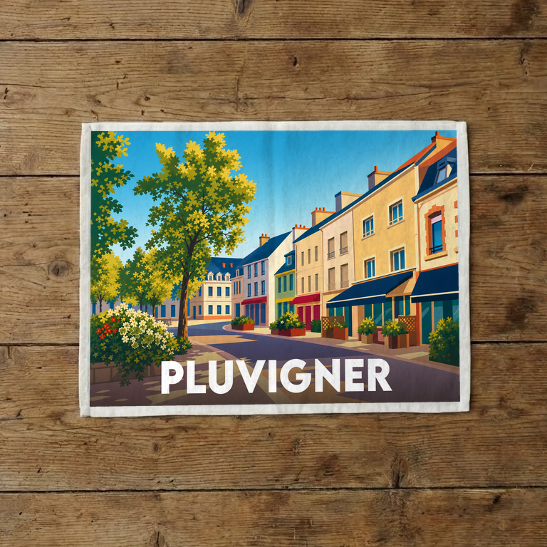Torchon souvenir de la ville de Pluvigner avec une illustration stylisée d'une rue ensoleillée.