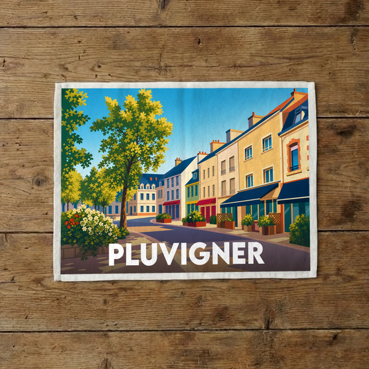 Torchon souvenir de la ville de Pluvigner avec une illustration stylisée d'une rue ensoleillée.
