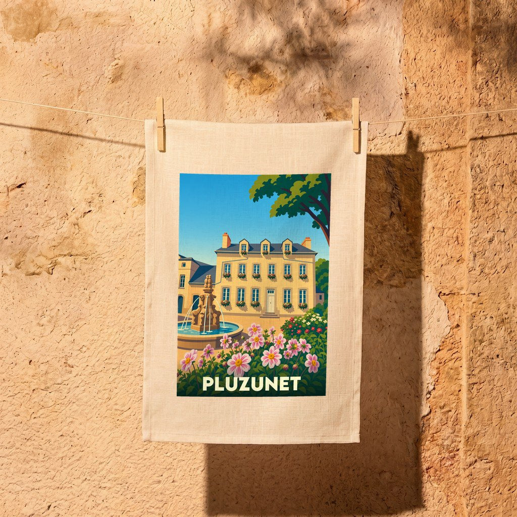 Torchon souvenir de la ville de Pluzunet avec une illustration colorée et stylisée représentant une demeure bourgeoise et son jardin.