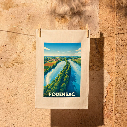 Torchon souvenir de la ville de Podensac illustré par un paysage de rivière stylisé.