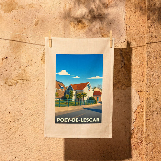 Torchon souvenir de la ville de Poey-de-Lescar avec une illustration stylisée et colorée.