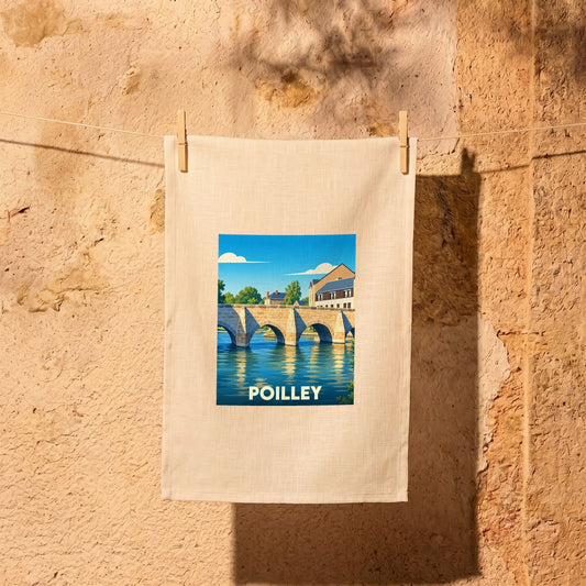 Torchon souvenir de la ville de Poilley avec une illustration stylisée d'un pont en pierre.