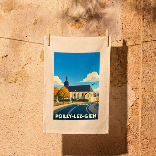 Torchon souvenir de la ville de Poilly-lez-Gien avec une illustration stylisée de son église sous un ciel bleu.