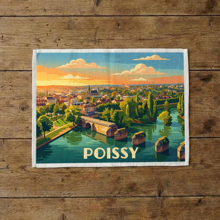 Torchon souvenir de la ville de Poissy avec une illustration stylisée de son paysage fluvial.