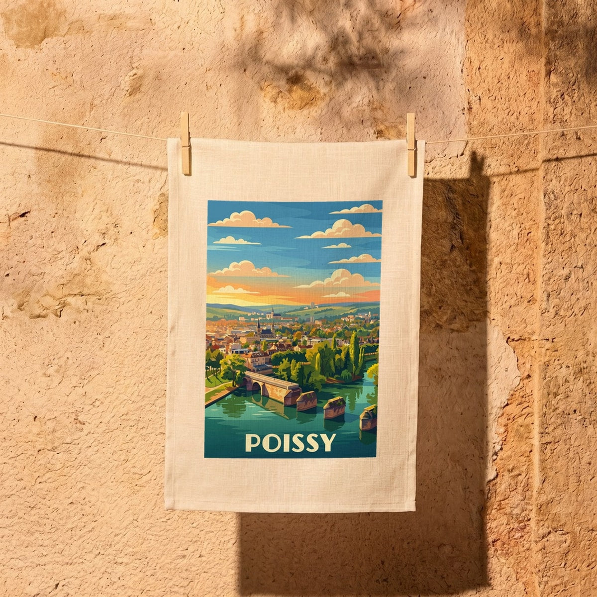 Torchon souvenir de la ville de Poissy avec une illustration stylisée de son paysage fluvial.