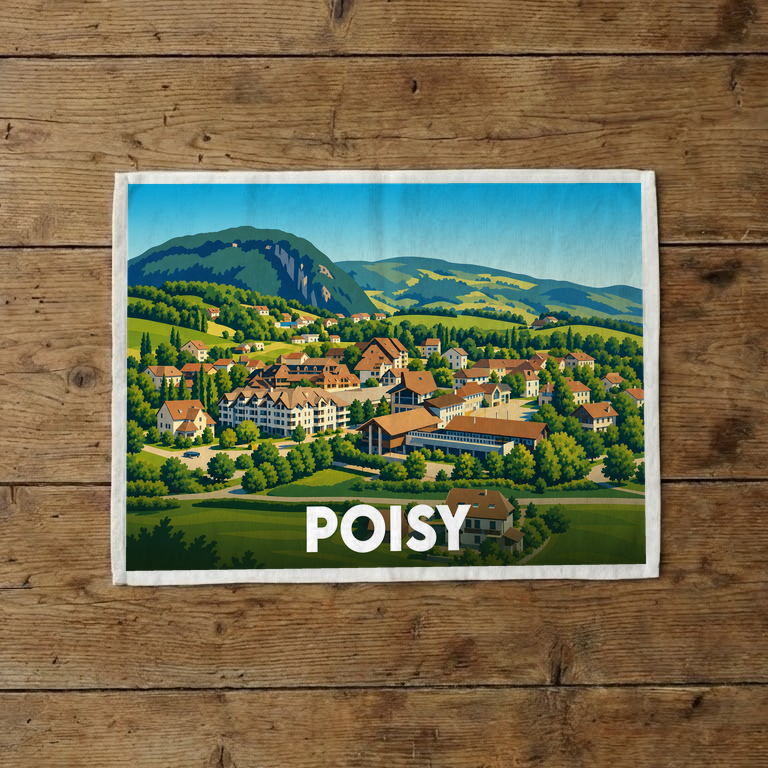 Torchon souvenir de la ville de Poisy illustré par une vue panoramique stylisée.