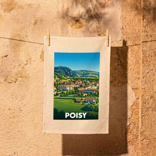 Torchon souvenir de la ville de Poisy illustré par une vue panoramique stylisée.