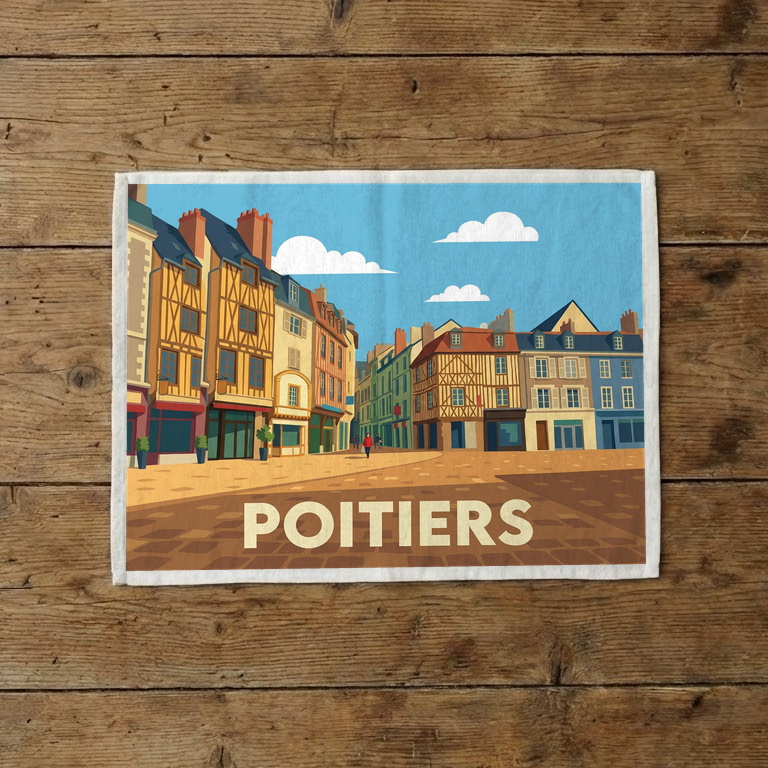 Torchon souvenir de la ville de Poitiers avec une illustration stylisée de ses maisons à colombages.
