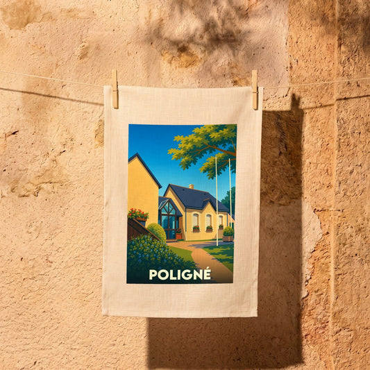 Torchon souvenir de la ville de Poligné illustré d'un paysage urbain stylisé et coloré.