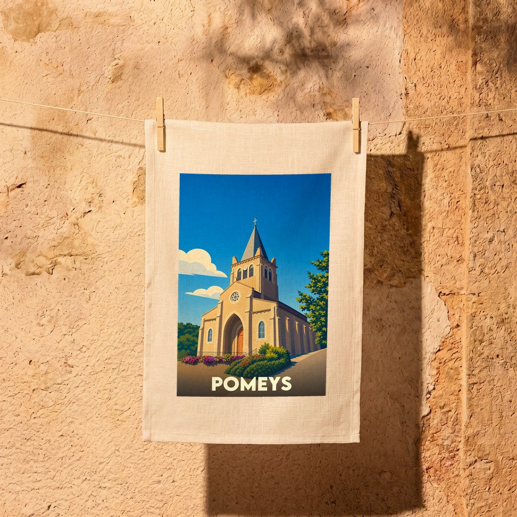 Torchon souvenir de la ville de Pomeys avec une illustration stylisée de son église.
