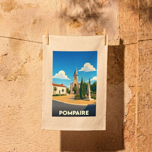 Torchon souvenir de la ville de Pompaire avec une illustration stylisée.