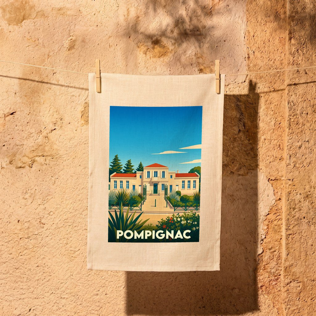 Torchon souvenir de la ville de Pompignac avec une illustration stylisée.