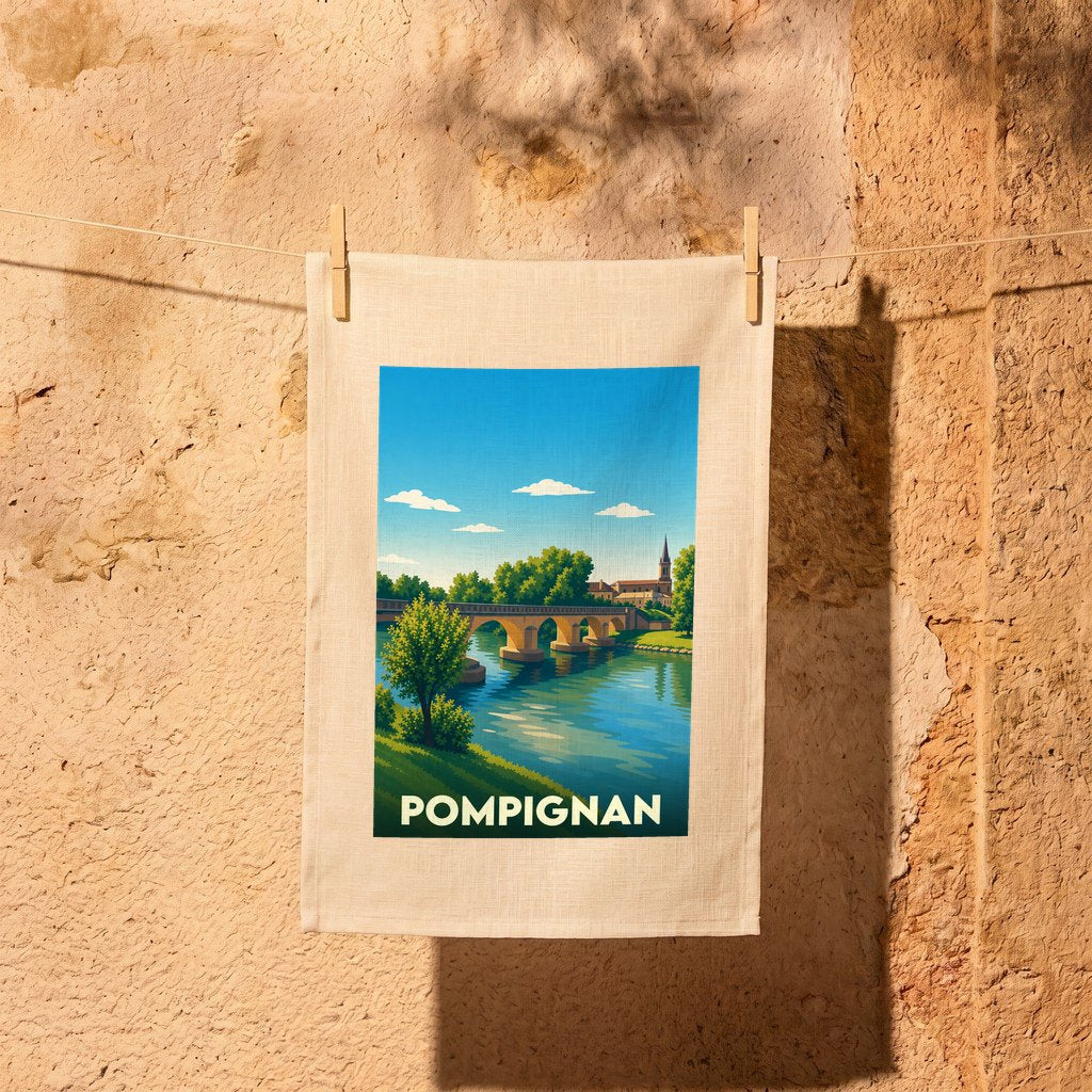 Torchon souvenir de la ville de Pompignan avec une illustration stylisée d'un pont et d'un fleuve.