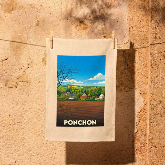 Torchon souvenir de la ville de Ponchon avec une illustration stylisée d'un paysage rural.